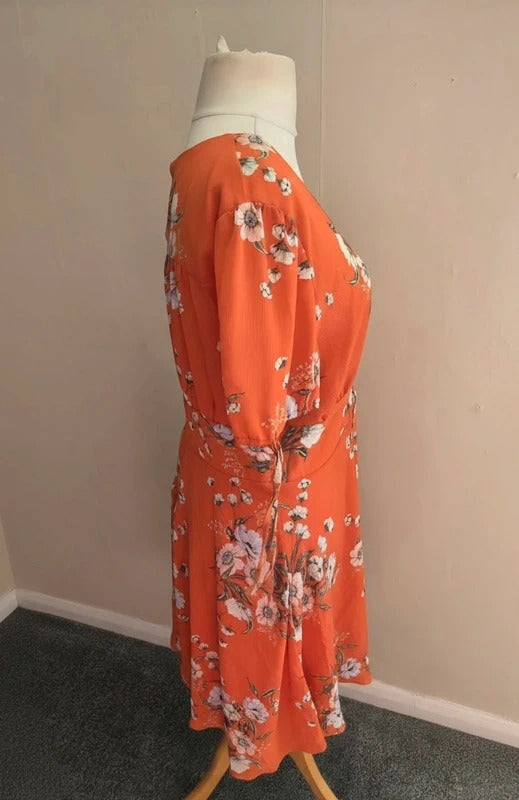 New Look Orange Floral V-Neck Corset Front Midi Dress - Size 16