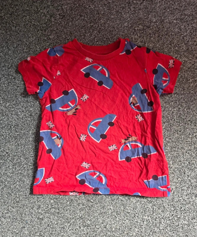 George Boys Red Blue Car & Union Jack Dog Print Short Sleeve T-Shirt Age 2-3 Years