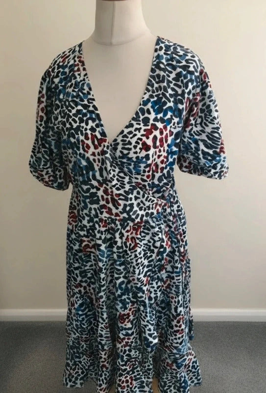 Next Multicoloured Animal Print Midi Wrap Dress with Puff Sleeves Size 12