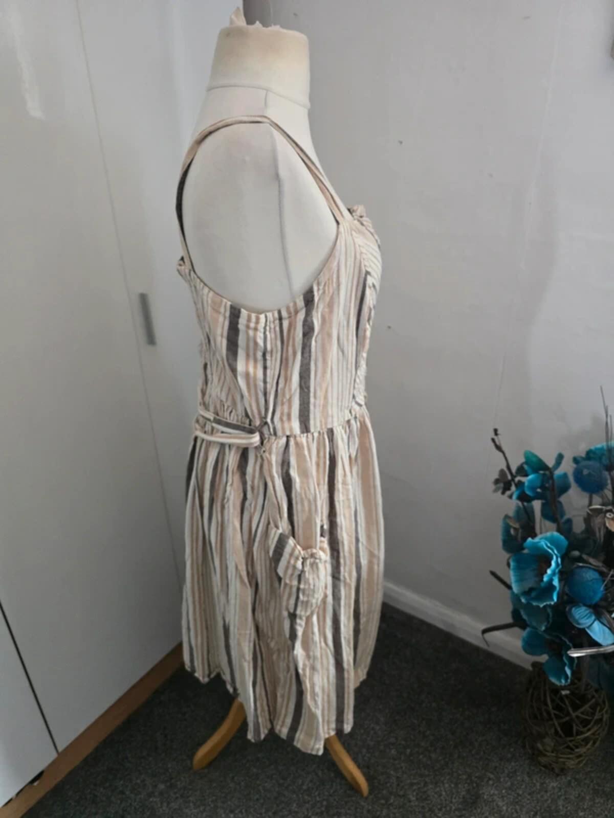TU Beige White Brown Striped Linen Blend Belted Midi Dress Size 18