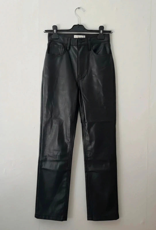 Abercrombie & Fitch Black Faux Leather 90s Straight Leg Trousers W24