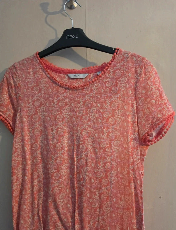 Next Pink & Cream Floral Cotton Relaxed Top with Crochet Trim Size 8