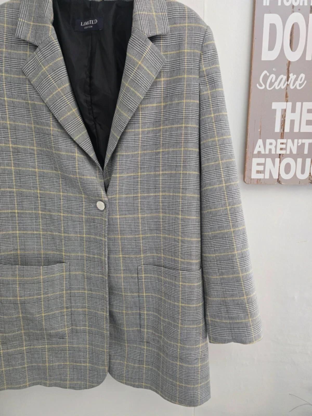 Marks & Spencer Grey & Yellow Checked Oversized Blazer - Size 10