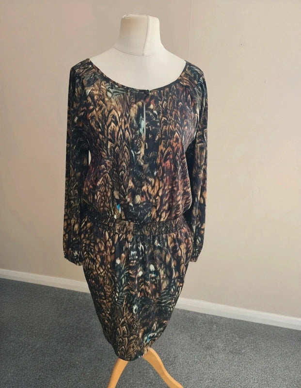 Laura Ashley Black, Brown & Blue Feather Patterned KneeLength Dress Size 14