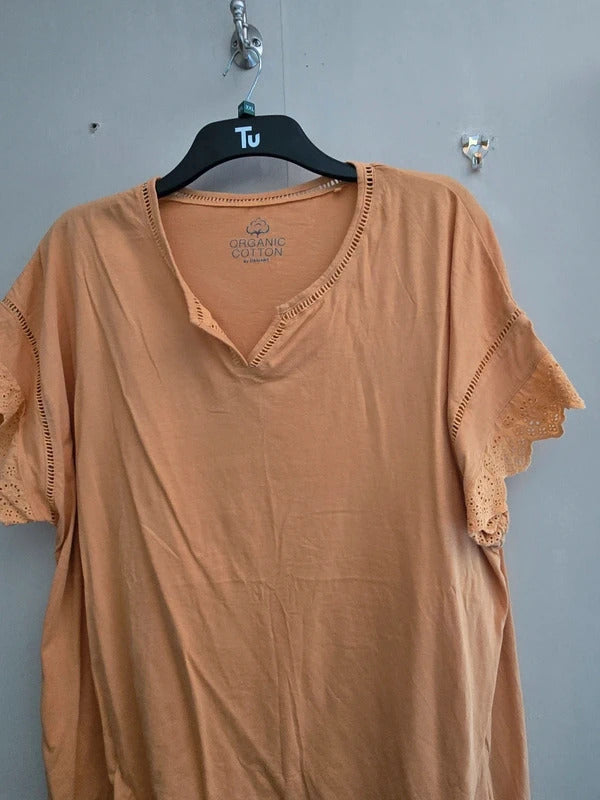Damart Orange Crochet Frill Sleeve V-Neck Cotton Relaxed Top Size 22/24
