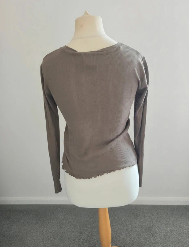 Pieces Brown Ribbed Long Sleeve Top XS Size 8-10 Cotton Lettuce Hem Casual T-Shirt