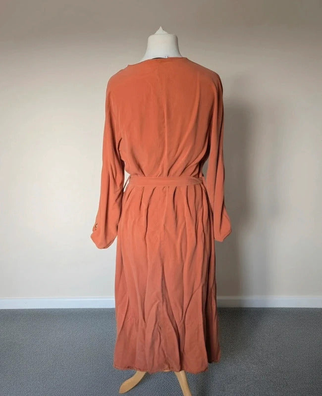 Mango Burnt Orange Belted Midi Oversized Dress – Relaxed Fit L Size 12