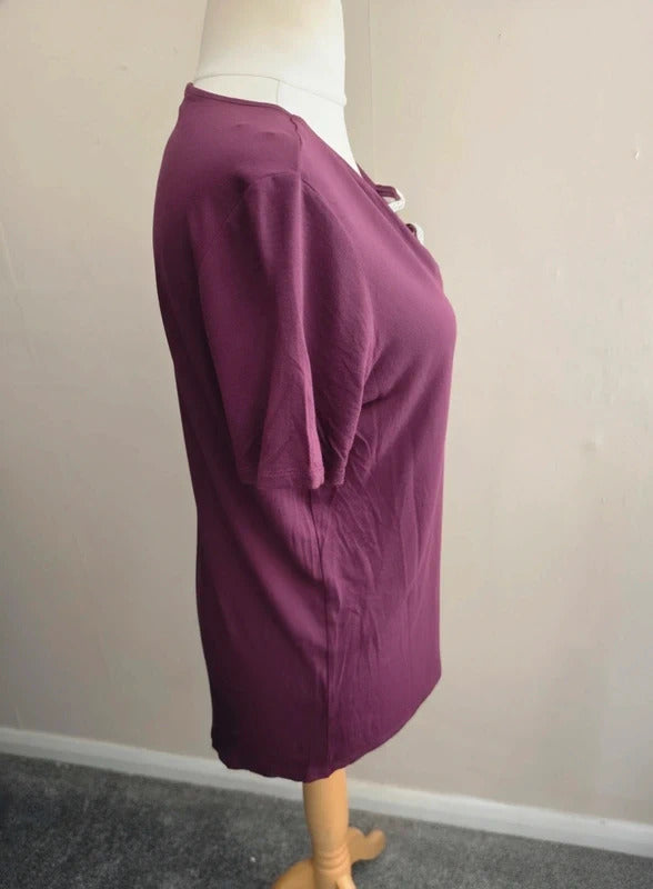 F&F Burgundy Purple Embellished V-Neck Short Sleeve Top Size 12