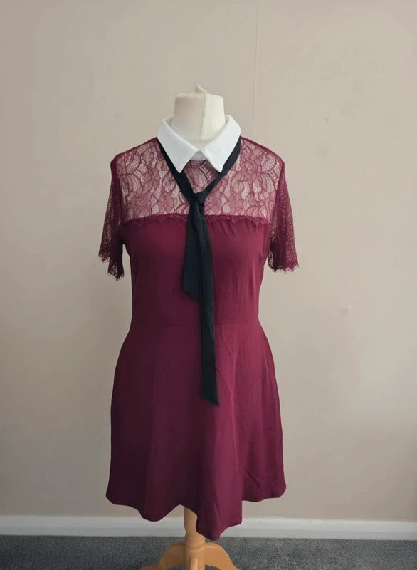 Blue Vanilla Burgundy Lace Sleeve White Collar Tie Midi Dress NWT Size 12
