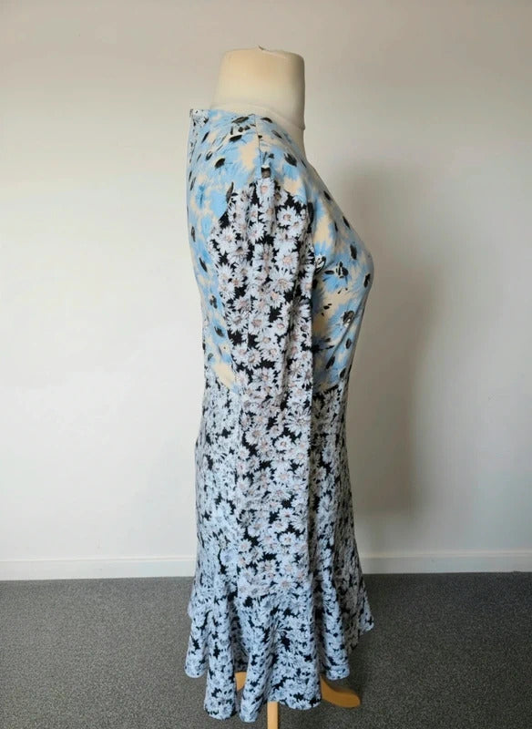 Warehouse Blue Black & White Floral Flared Dress Size 8