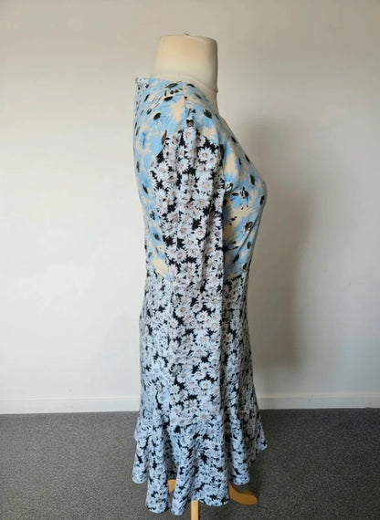Warehouse Blue Black & White Floral Flared Dress Size 8