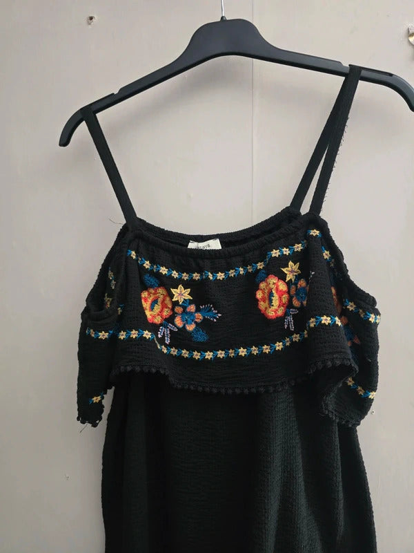 Matalan Black Floral Embroidered Off The Shoulder Bardot Top Size 12