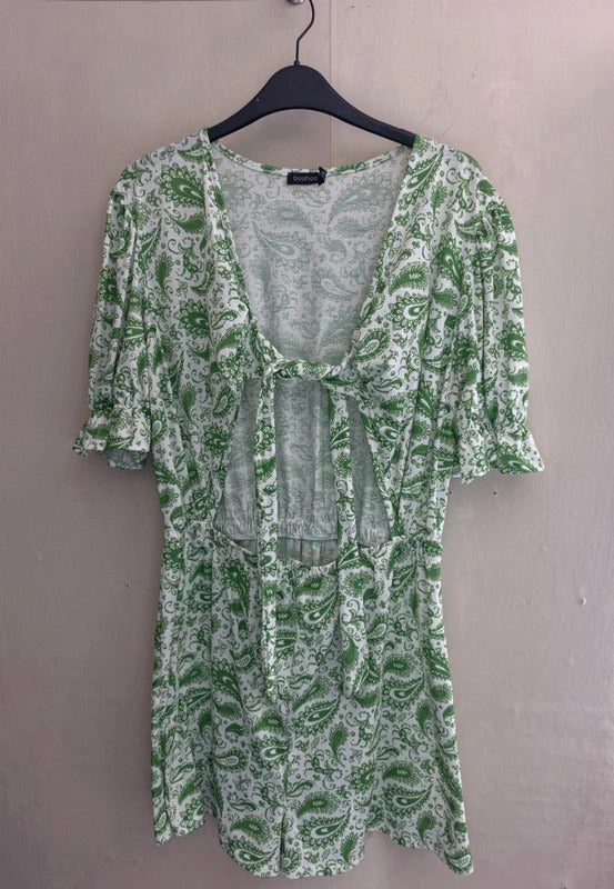 Boohoo Green & White Paisley Tie-Front Playsuit Size 14