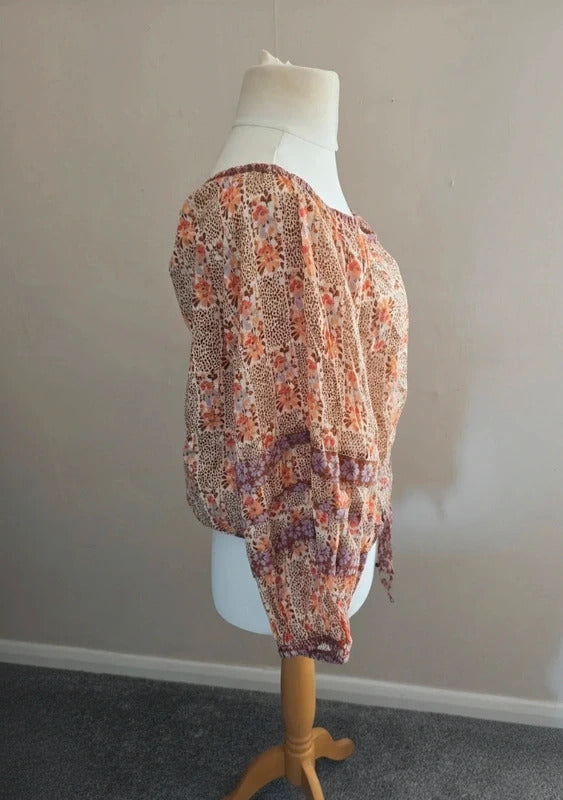 Next Orange & Brown Floral Tie-Hem Boho Blouse Size 14