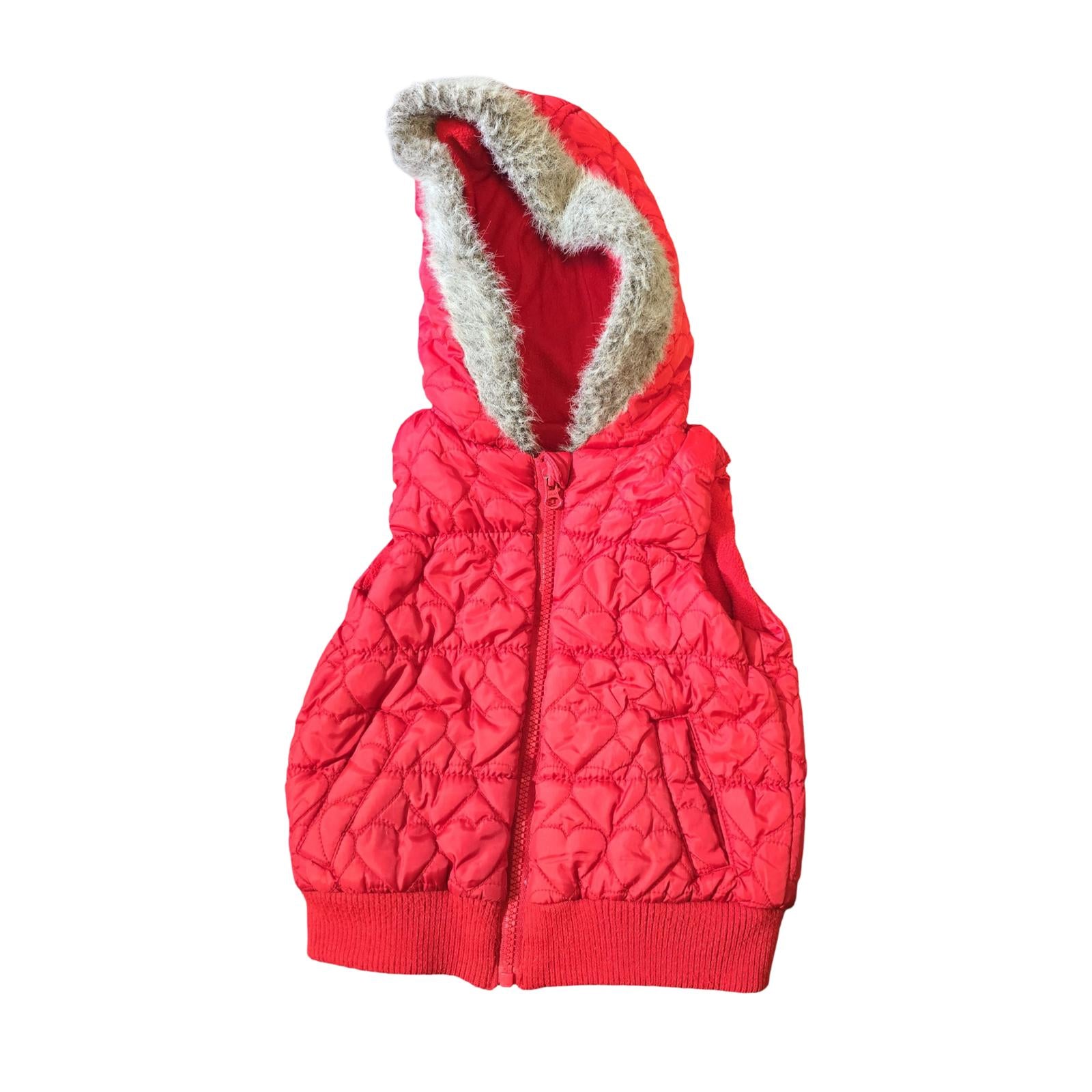 F&F Red Quilted Hooded Gilet – Faux Fur Trim – Age 2–3 – Fleece Lined