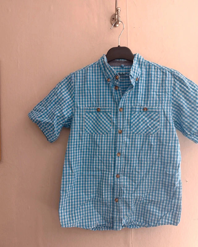 Primark Rebel Boys Blue & White Gingham Checked Short Sleeve Shirt – 10–11 Years