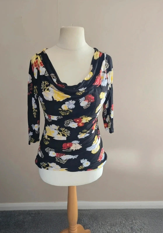 H&M Black Floral Ruched Bodycon Top Medium Size 12-14
