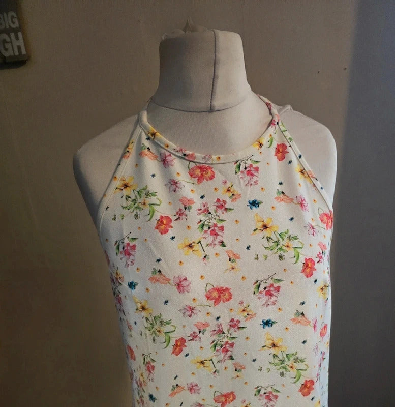 Mango White & Multicoloured Floral Open Back Sleeveless Mini Dress M  10-12 NWT