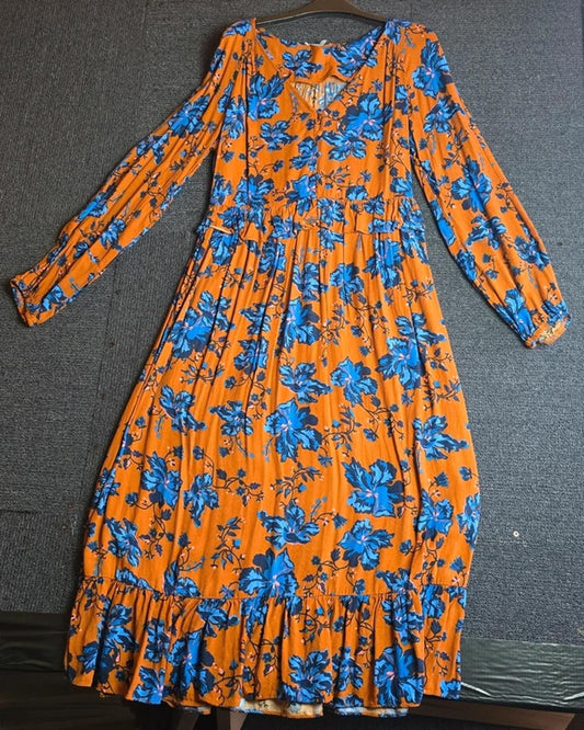 Oliver Bonas Orange Blue Floral Midi Dress Size 10 Long Sleeve