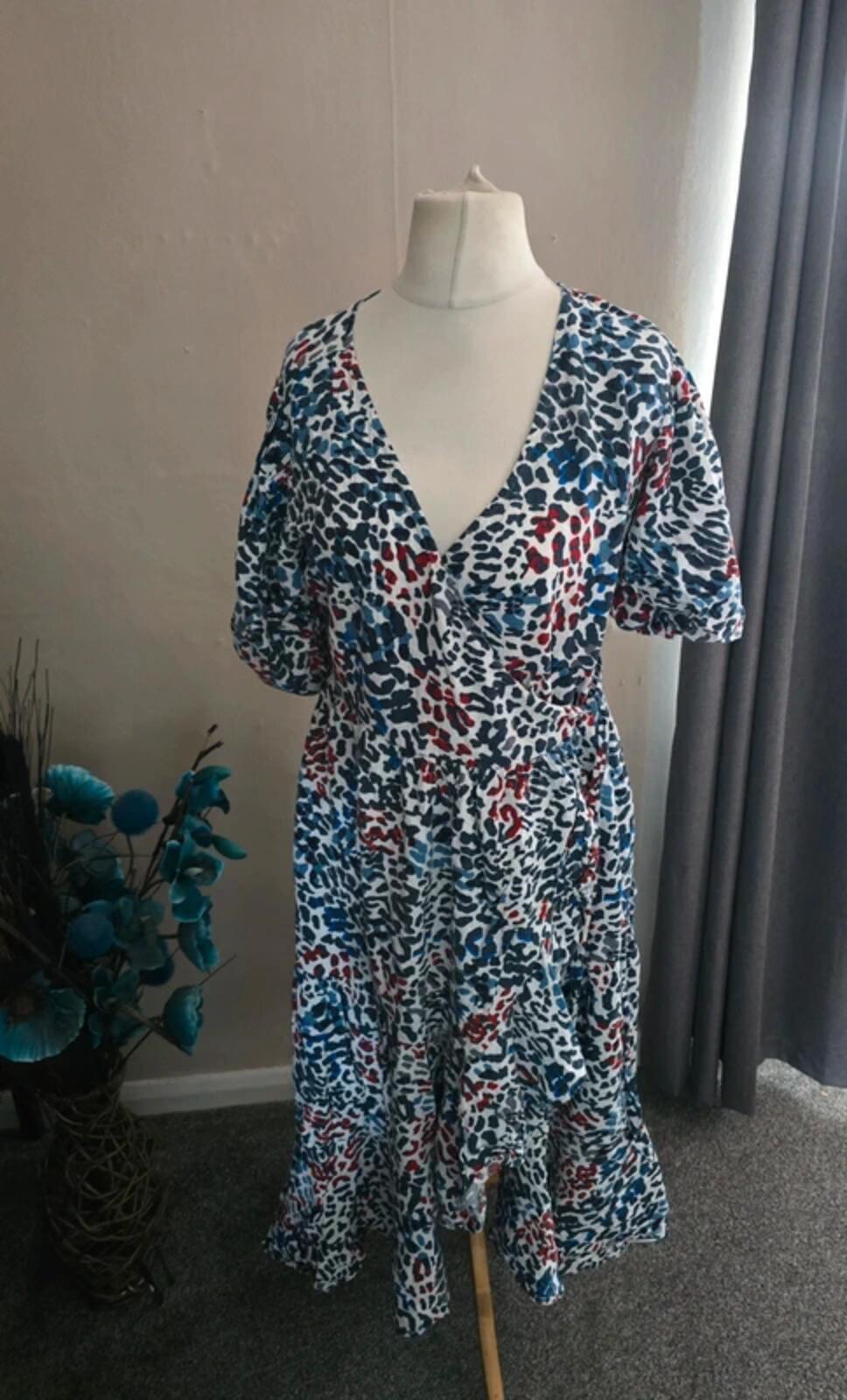 Next Multicoloured Animal Print Midi Wrap Dress with Puff Sleeves Size 12