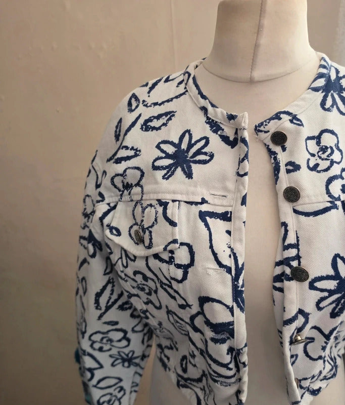 Winch White & Navy Floral Cropped Long Sleeve Cotton Denim Jacket Size 12