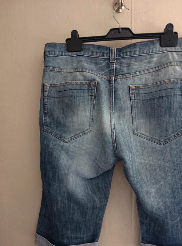 Primark Men's Faded Blue Denim Turn-Up Knee-Length Shorts Waist 36"