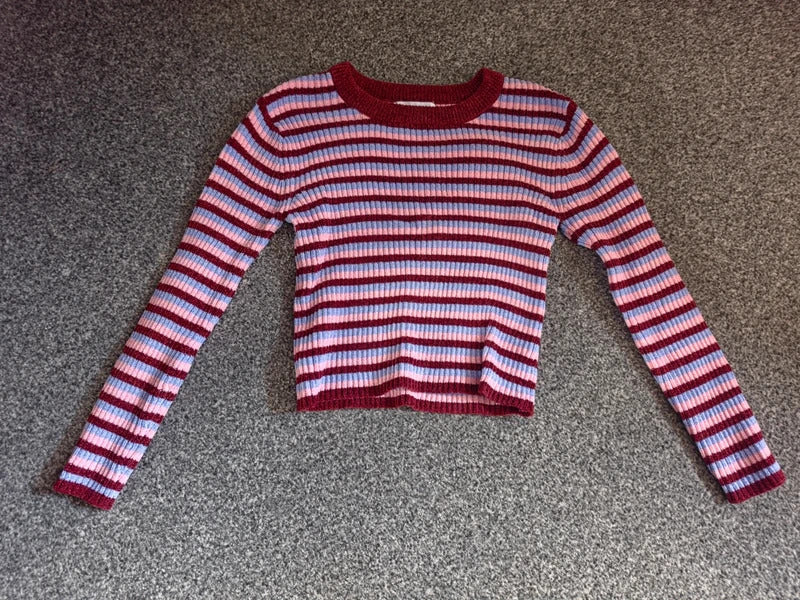 Primark Girls Pink, Burgundy & Blue Striped Ribbed Jumper – 5–6 Years