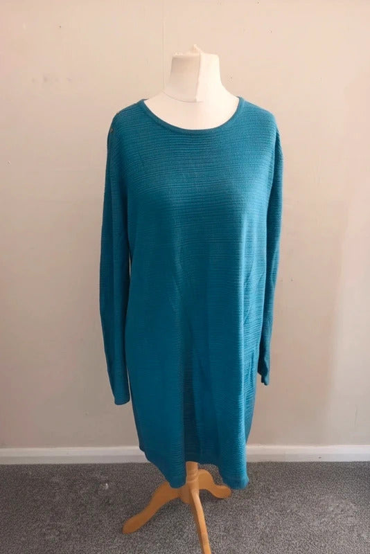 Bonmarche Teal Green Shoulder-Button Knitted Jumper Dress Size 22