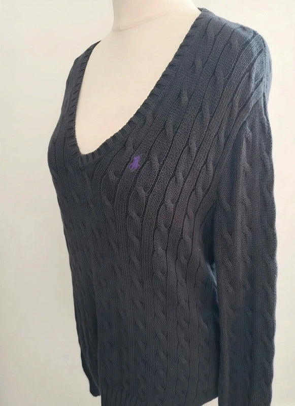 Ralph Lauren Sport Black Cable Knit V-Neck Jumper Purple Logo Size XL 100 Cotton