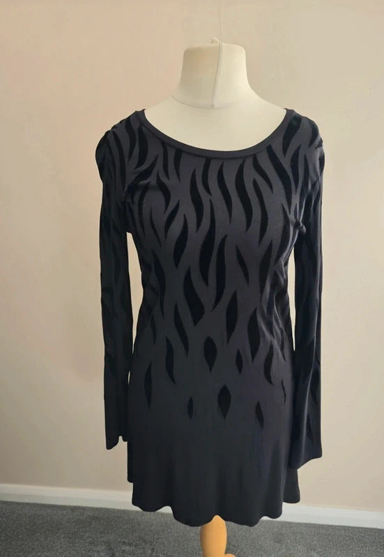 Yest Black Velvet Patterned Long-Sleeved Knee-Length Dress Size 10