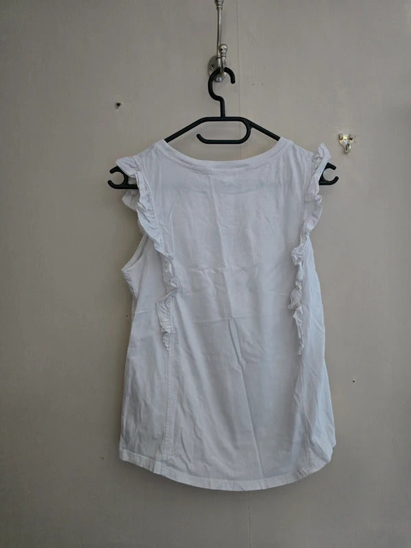 River Island White Frilly Short Sleeved Cotton T-Shirt Size 10 (Fits 6-8)