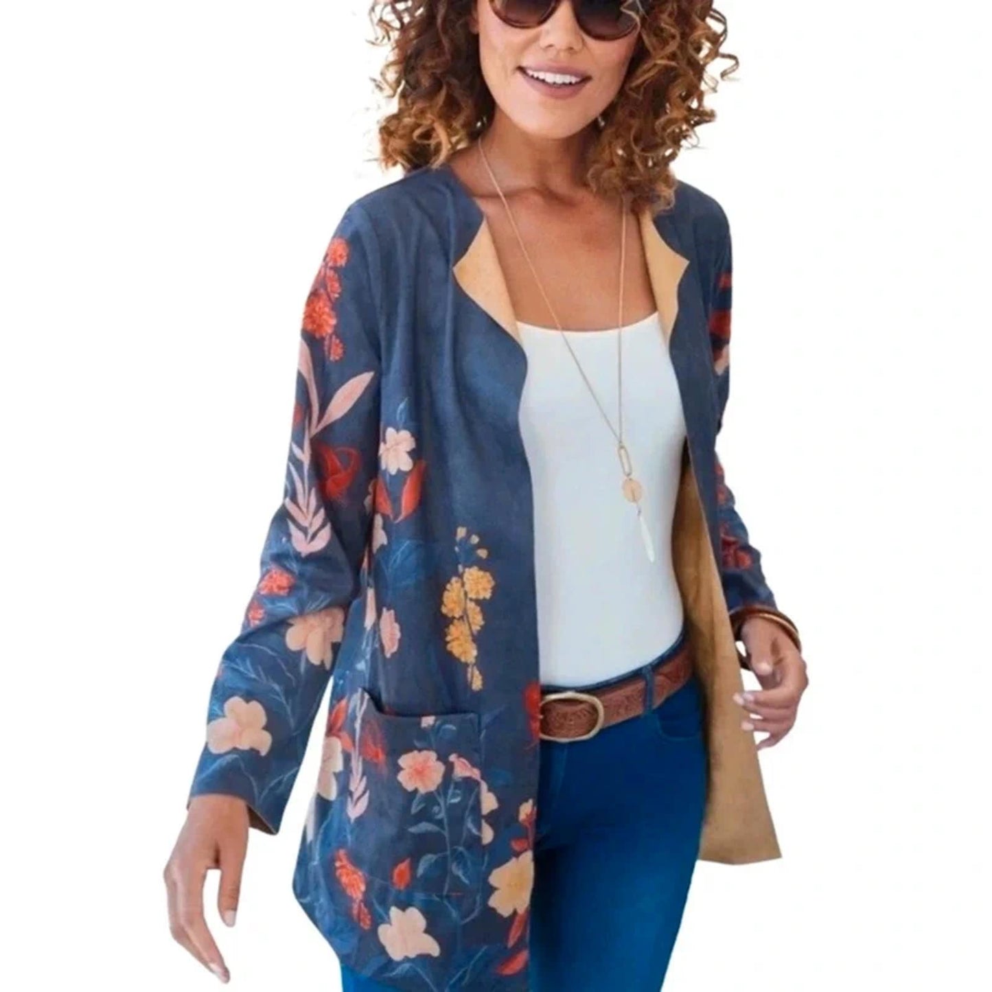 Cotton Traders Open Cardigan Blazer Navy & Multicolour Size 16 Floral