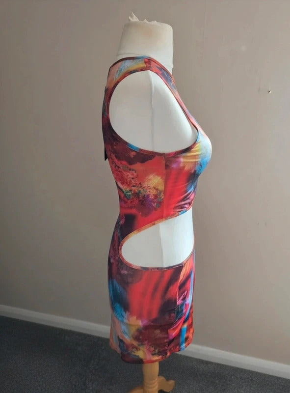 EGO Multicoloured Abstract Cut-Out Bodycon Mini Dress Size 12 One Sleeve BNWT
