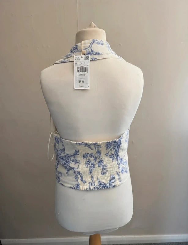 Mango Blue & White Floral Halterneck Collared Top NWT M Size 10