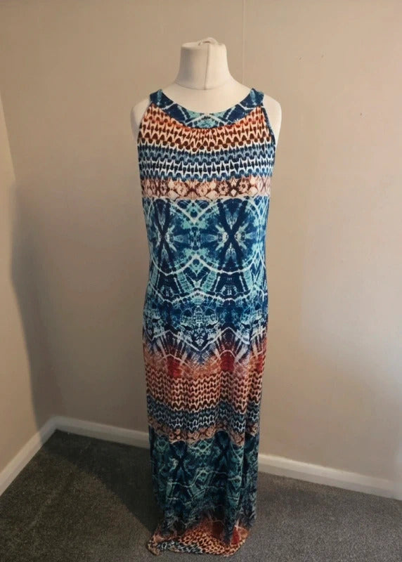 Wallis Blue Multicoloured Patterned Sleeveless Bodycon Maxi Dress Size 14