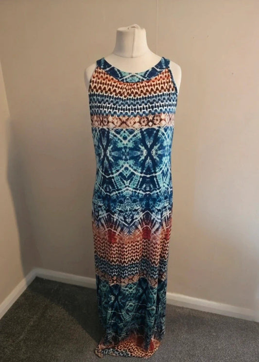 Wallis Blue Multicoloured Patterned Sleeveless Bodycon Maxi Dress Size 14