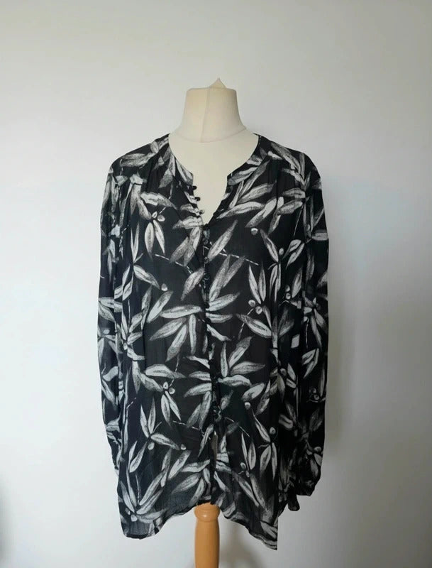 Next Black & White Leaf Print Sheer Long Sleeve Blouse Size 26 Relaxed Fit