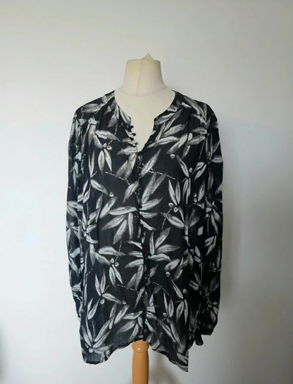 Next Black & White Leaf Print Sheer Long Sleeve Blouse Size 26 Relaxed Fit