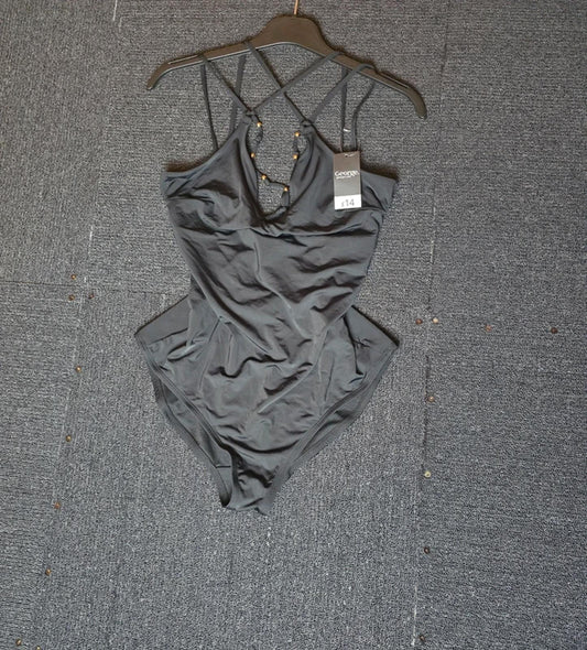 New George Black Beaded Cross Strap Swimsuit Size 14 NWT