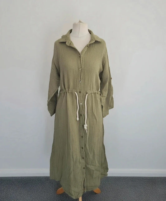 Replay Khaki Textured Cotton Midi Shirt Dress M Size 10-12 Drawstring Waist