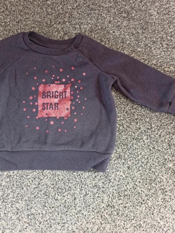 Primark Baby Girls Black Pink Glitter "Bright Star" Sweatshirt Jumper 3-6 Months