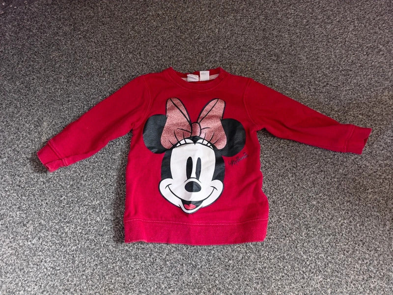 H&M Disney Baby Girls Red Minnie Mouse Glitter Bow Sweatshirt Jumper 9-12 Months