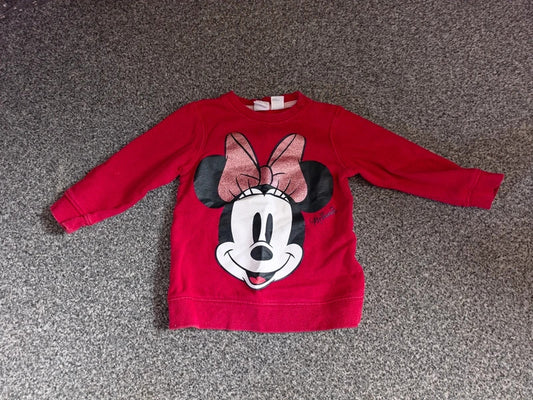 H&M Disney Baby Girls Red Minnie Mouse Glitter Bow Sweatshirt Jumper 9-12 Months