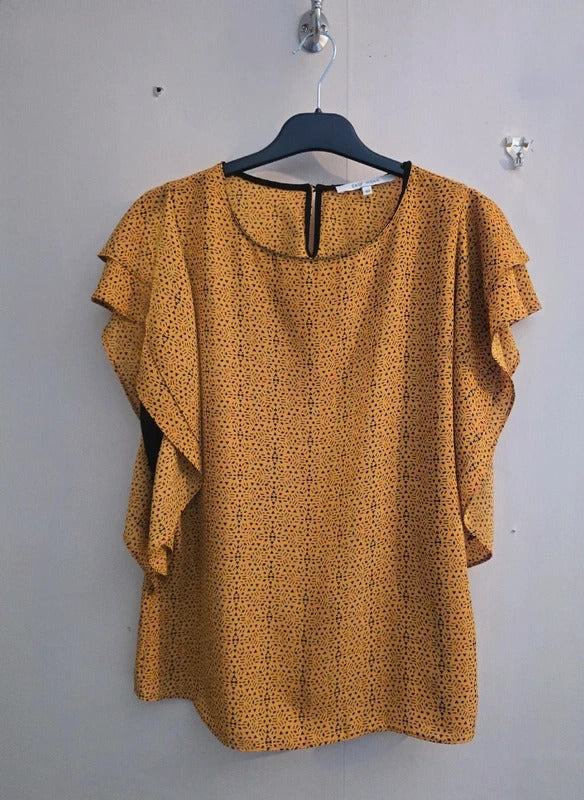 EasyWear Orange & Black Patterned Frill Sleeve Relaxed Top Size 12 / EU 40