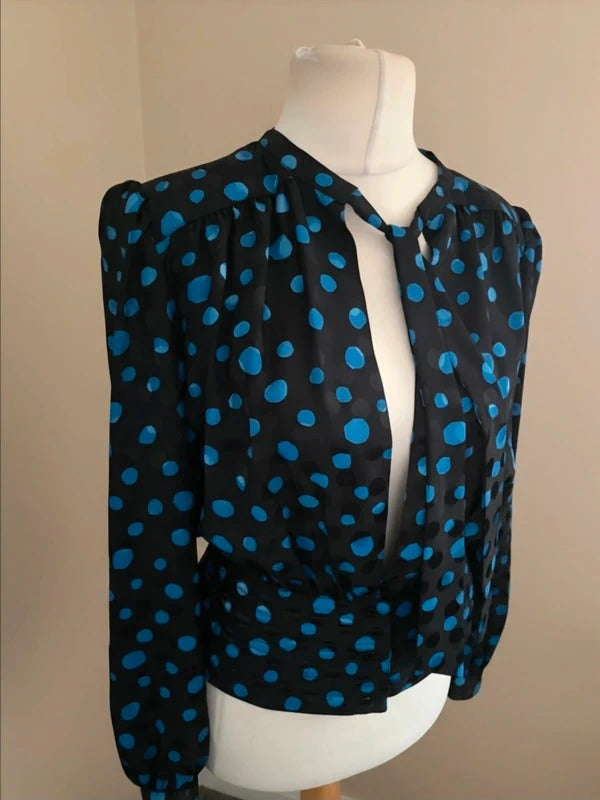 Vintage 1980s Parigi Black and Blue Polka Dot Blouse Size 8-10
