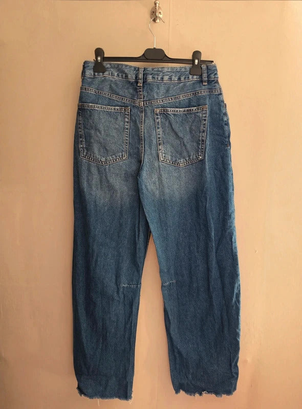 Primark Blue High-Waisted Frayed Hem Straight Leg Jeans Size 10