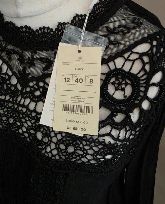 Monsoon Black Beaded High Neck Blouse Size 12 NWT