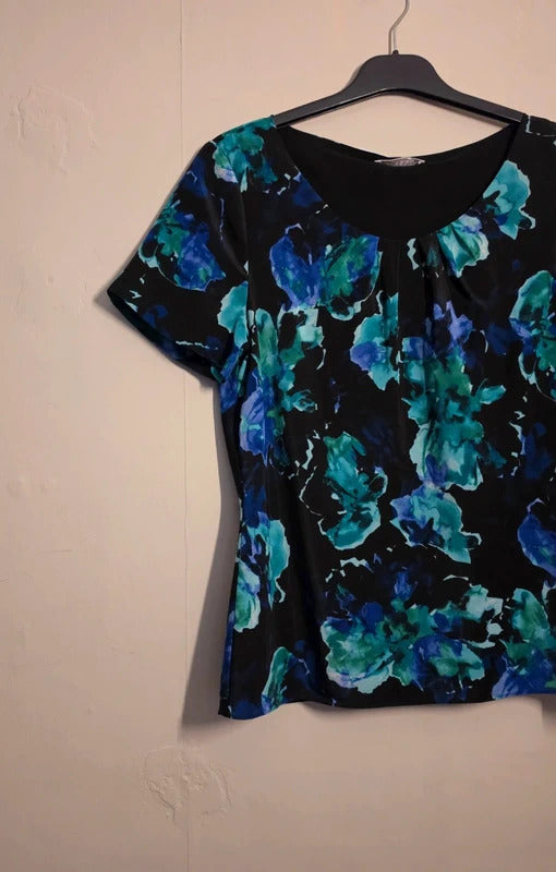 Jacques Vert Black Green & Purple Floral Blouse Size 10