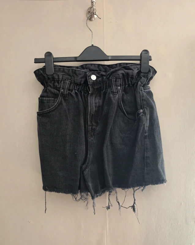 AllSaints Black Distressed High-Waist Paperbag Denim Shorts W30 Size 12-14