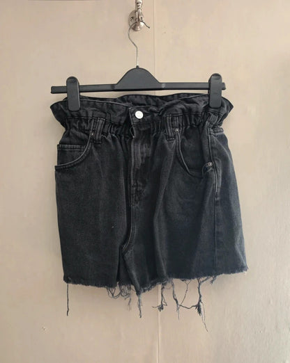 AllSaints Black Distressed High-Waist Paperbag Denim Shorts W30 Size 12-14